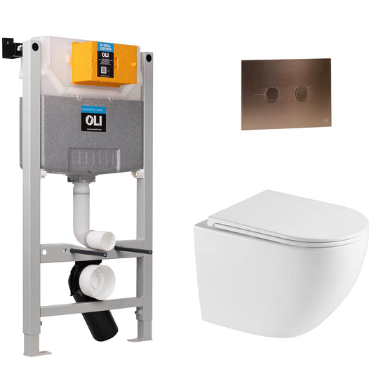 0.980m Freestanding WC Frame, White Wortex Wall Hung Rimless Toilet with Seat & Brushed Bronze Flush Plate