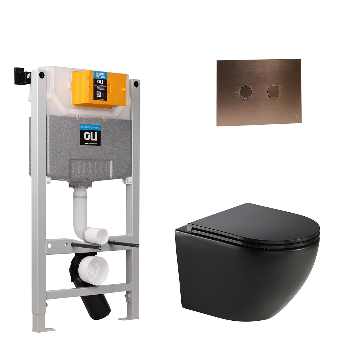 0.980m WC Frame, Matt Black Wall Hung Rimless Toilet with Seat & Brushed Bronze Flush Plate