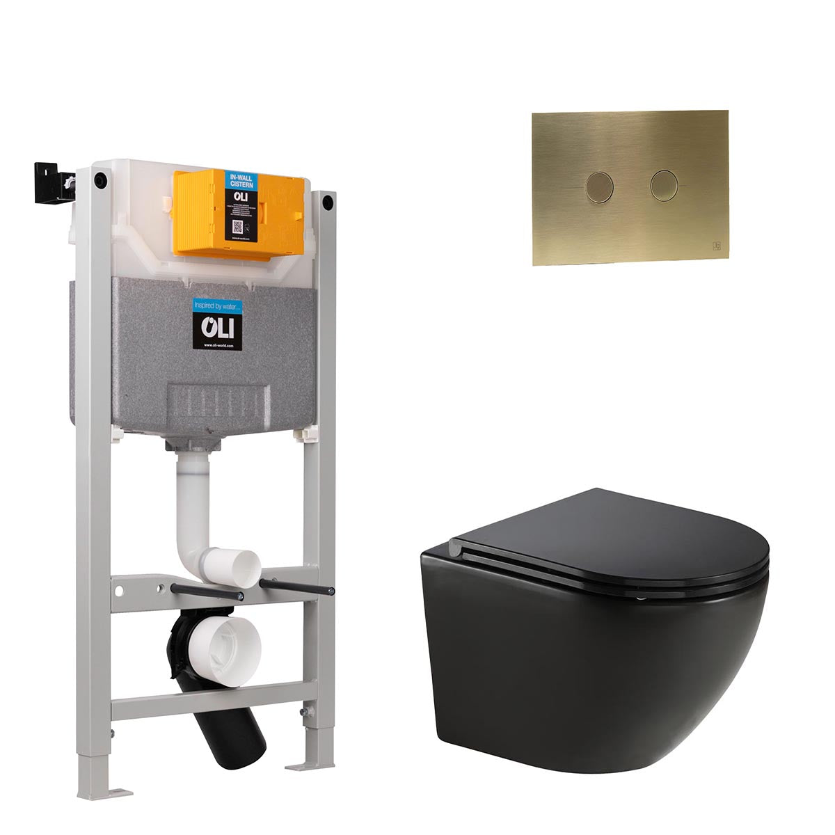 0.980m WC Frame, Matt Black Wall Hung Toilet with Seat & Brushed Brass Flush Plate