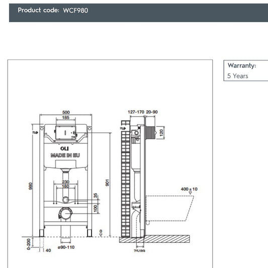 0.980m Wall Hung WC Cistern Frame Dual Flush technical details 