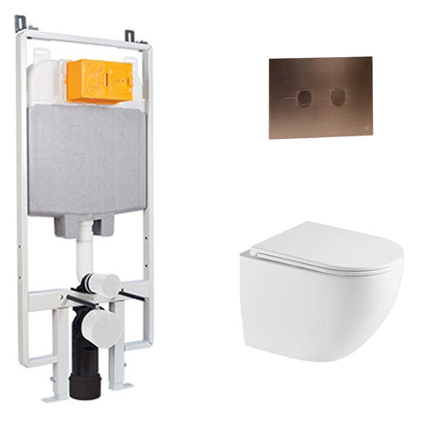 1.2m Slim Concealed WC Frame with Cistern & Wall Hung White Rimless Toilet with Seat & Bronze Flush Plate
