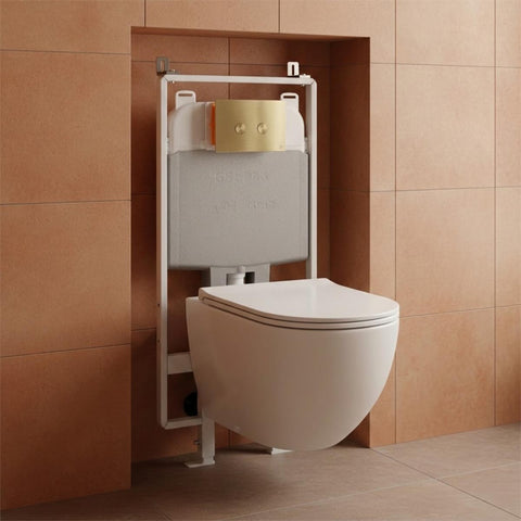 1.2m Slim Concealed WC Frame with Cistern & White Rimless Toilet with Seat & Brushed Brass Flush Plate