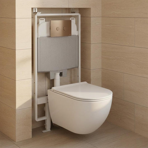 1.2m Slim Concealed WC Frame with Cistern & Wortex White Rimless Toilet with Seat & Bronze Flush Plate