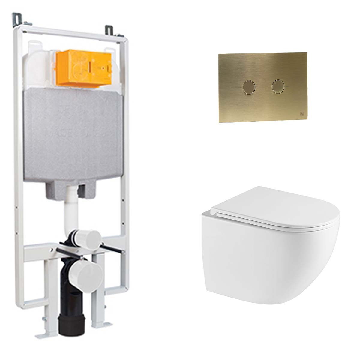 1.2m Slim WC Frame with Cistern & White Rimless Toilet with Seat & Brushed Brass Flush Plate