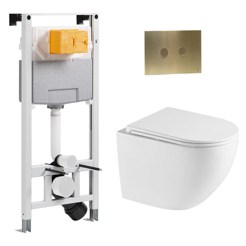1.2m Wall Hung WC Frame with Cistern & Wortex White Rimless Toilet with Seat & Brushed Brass Flush Plate