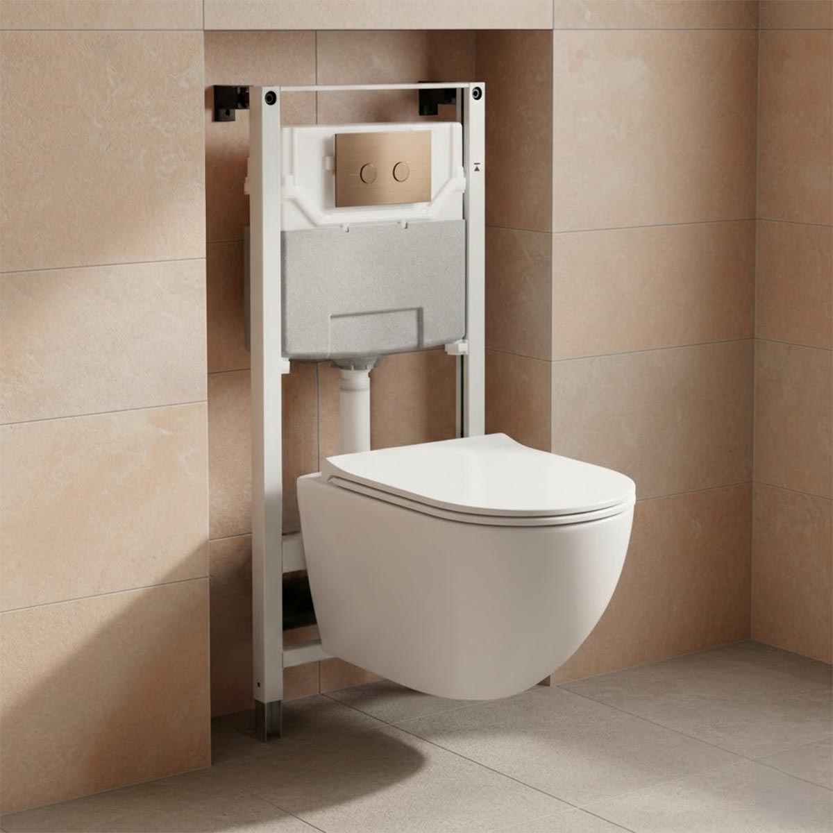 1.2m Wall Hung WC Frame with Cistern & Wortex White Rimless Toilet with Seat & Bronze Flush Plate