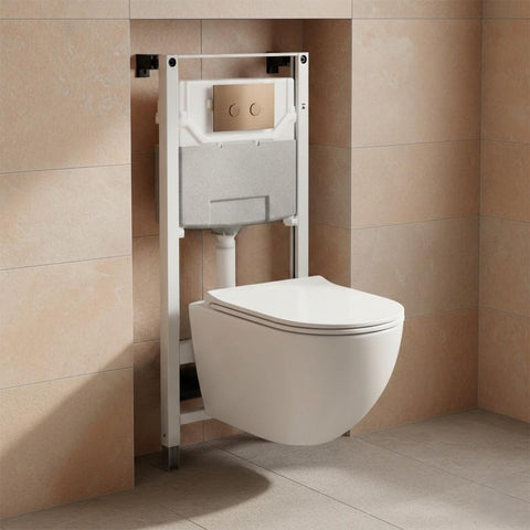 1.2m Wall Hung WC Frame with Cistern & Wortex White Rimless Toilet with Seat & Bronze Flush Plate