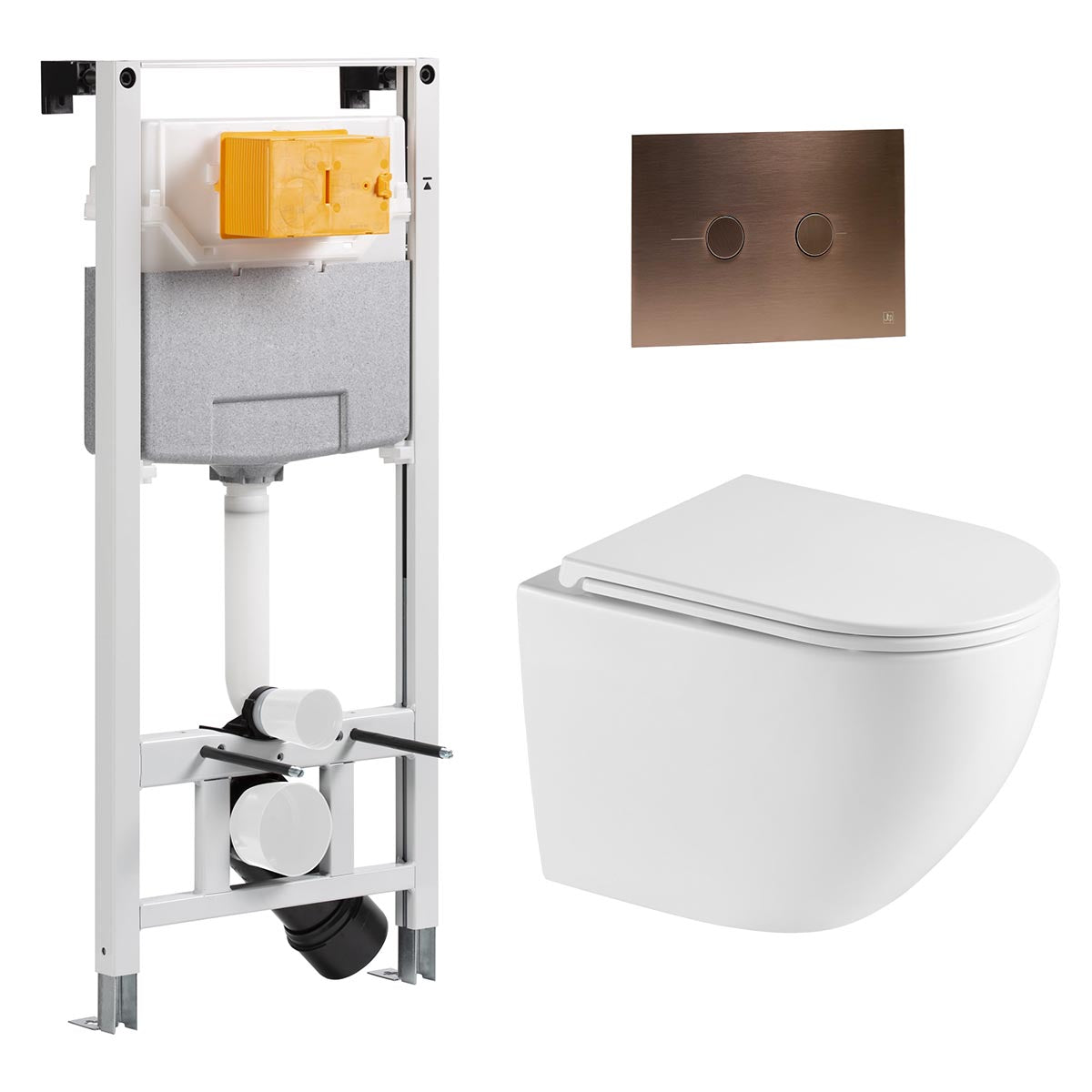 1.2m Wall Hung WC Frame with Cistern & White Rimless Toilet with Seat & Bronze Flush Plate