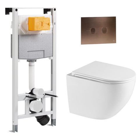 1.2m Wall Hung WC Frame with Cistern & White Rimless Toilet with Seat & Bronze Flush Plate