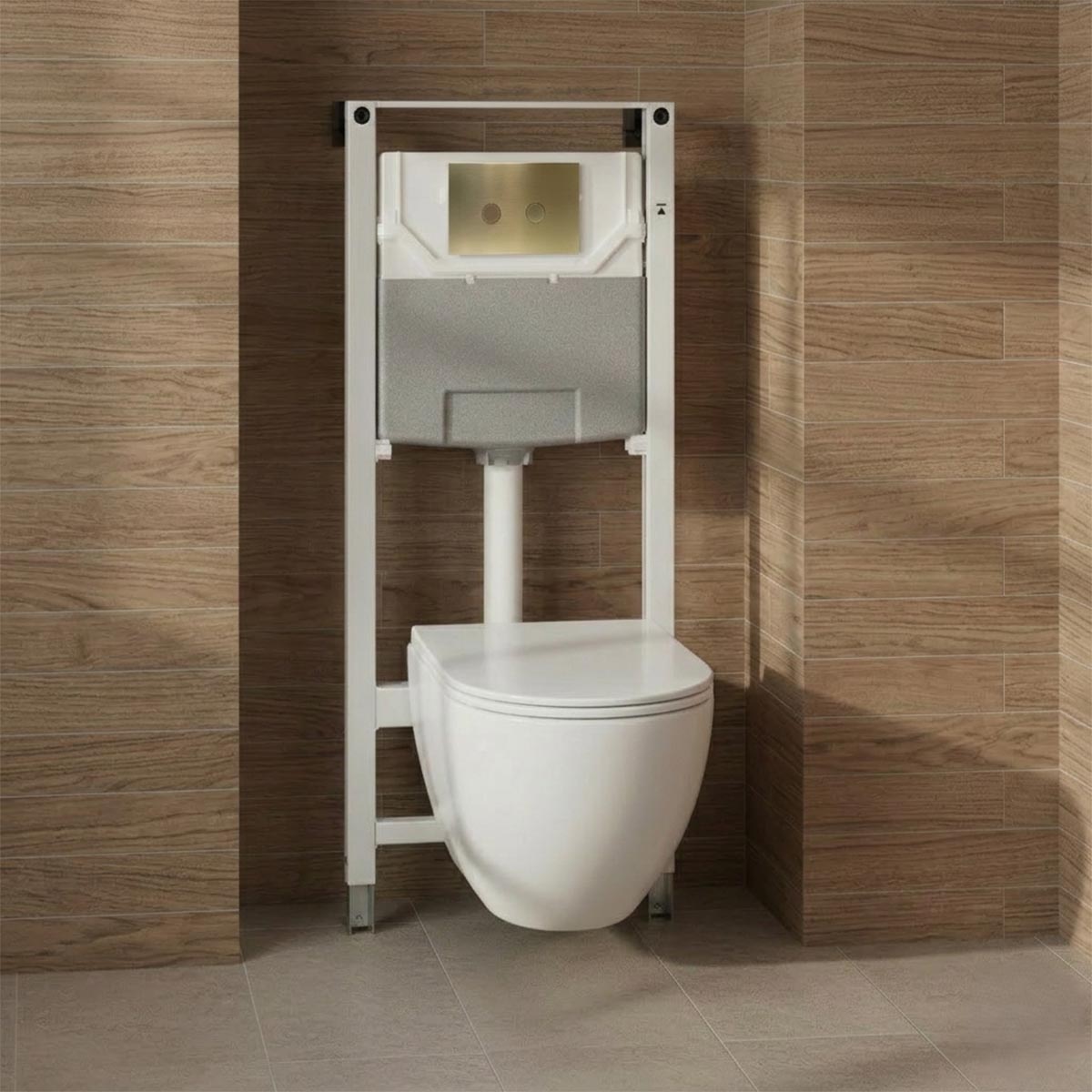 1.2m Wall Hung WC Frame with Cistern & Wortex White Rimless Toilet with Seat & Brushed Brass Flush Plate