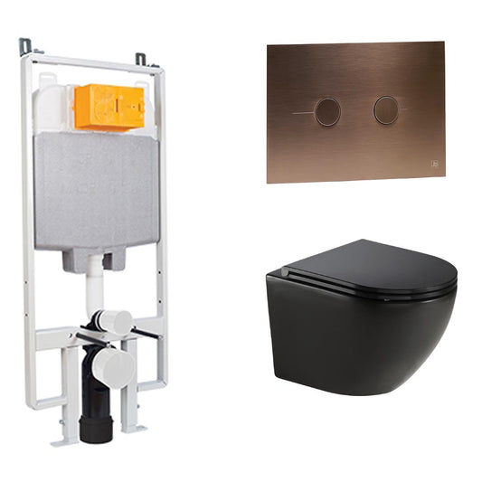 1.2m concealed toilet frame cistern with matt black Wortex wall hung toilet with brushed bronze flush plate 