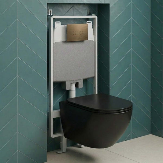 1.2m slim toilet frame cistern with matt black Wortex wall hung toilet with brushed bronze flush plate 