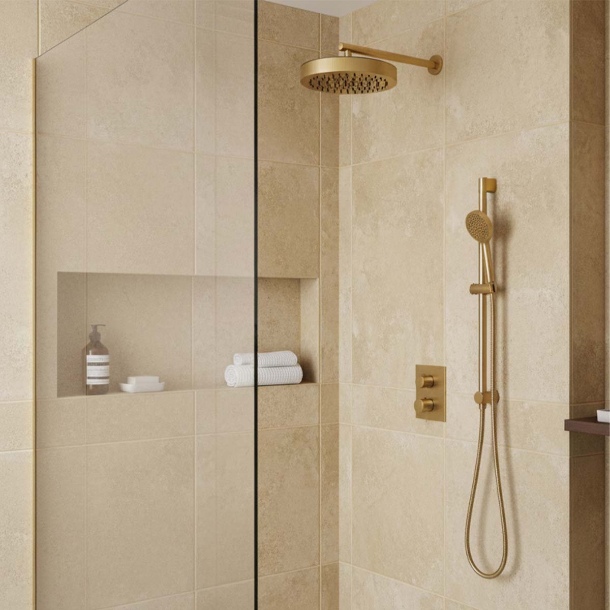 250mm round wall mounted shower head with arm - brushed brass 