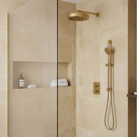 250mm round wall mounted shower head with arm - brushed brass 