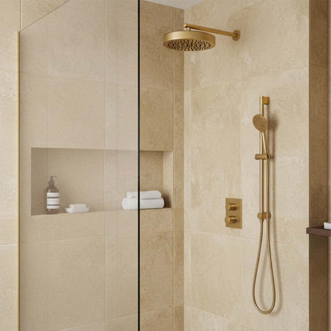250mm round wall mounted shower head with arm - brushed brass 