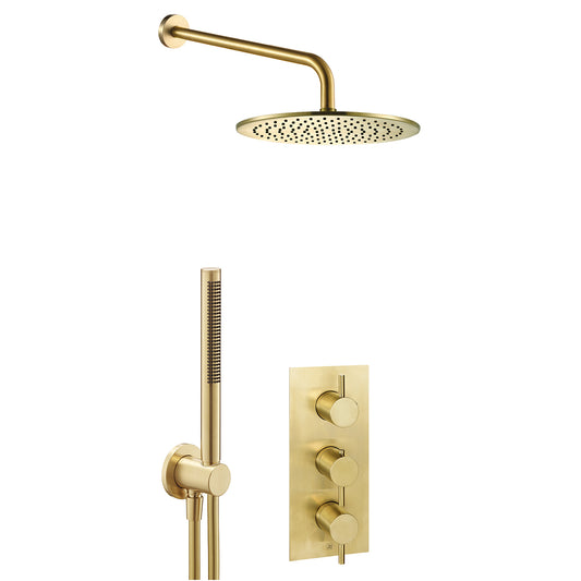 2 Outlet Concealed Shower Set with Thermostatic Valve, Fixed Shower Head with Arm and Handheld Shower - Brushed Brass