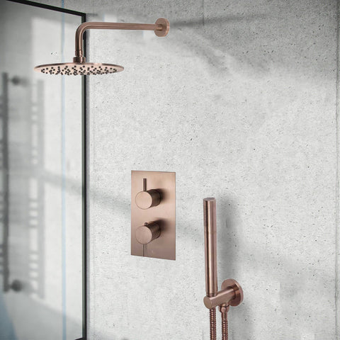 2 Outlet Shower Set with Shower Valve, Shower Head and Arm and Water Outlet with Handset- Brushed Bronze