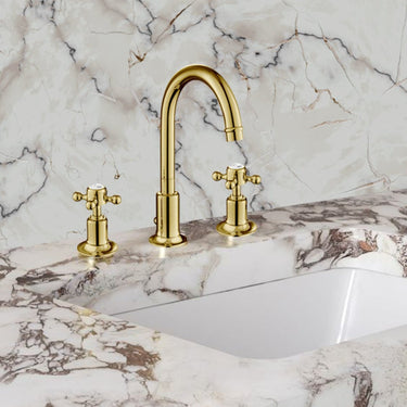3-Hole Basin Mixer Tap with Crosshead Handles and Pop up Waste - Polished Gold

