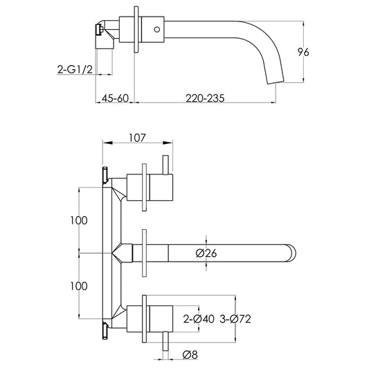 3 Hole Basin Mixer Tap Wall Mounted - Brushed Bronze