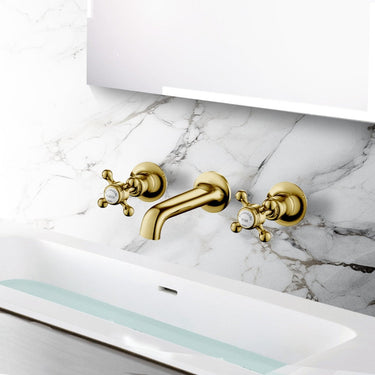 3 Hole Traditional Wall-Mounted Basin Mixer Tap Crosshead Handles - Polished Gold

