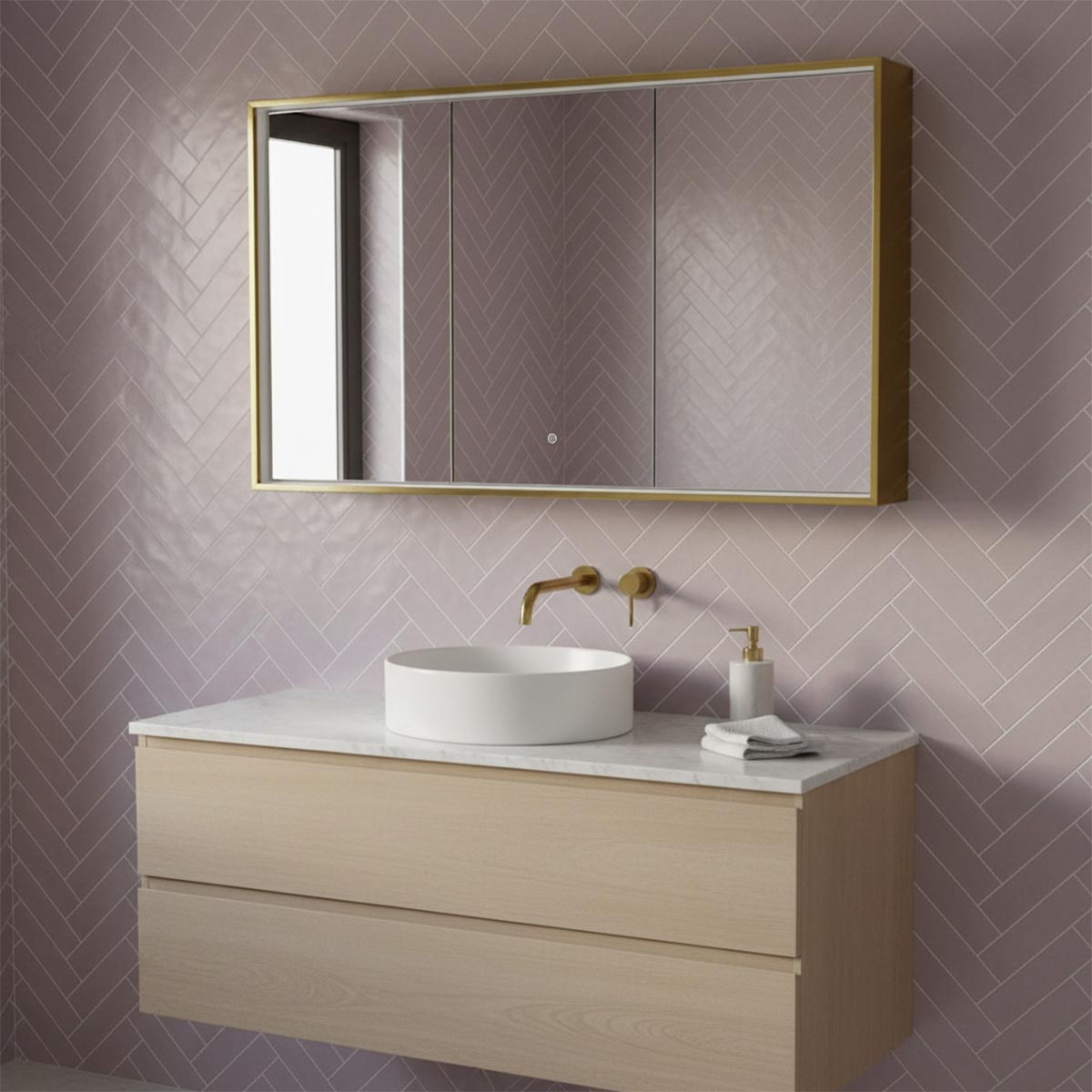 3 door mirror cabinet with brushed brass frame and light 