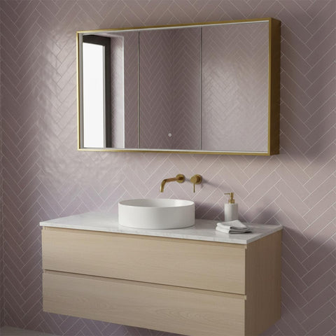 3 door mirror cabinet with brushed brass frame and light 