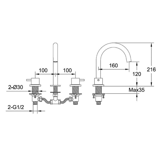 3 Hole Basin Mixer Tap Deck Mounted - Brushed Bronze