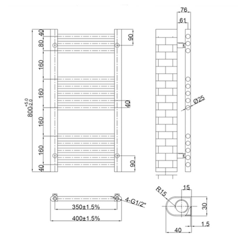 towel rail radiator brushed bronze technical drawing
