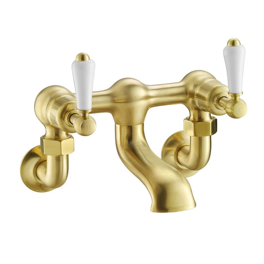 Brushed Brass Wall Mounted Bath Filler Tap with White Ceramic Lever Handles