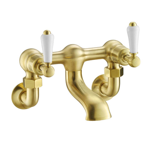 Brushed Brass Wall Mounted Bath Filler Tap with White Ceramic Lever Handles