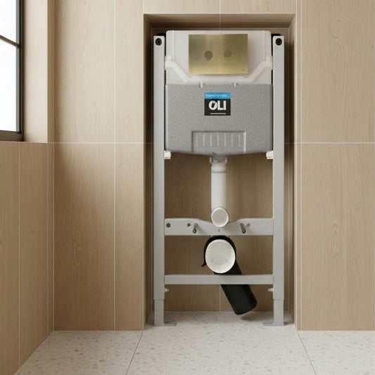 0.980m Pre Wall WC Frame with Cistern and Brushed Brass Dual Flush Plate Buttons