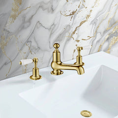 Antique Gold Deck Mounted 3 Hole Basin Mixer Tap with White Lever