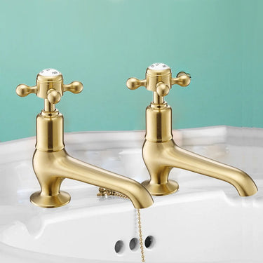 Aura Traditional Brushed Brass Long Nose Basin Taps with Crosshead Handles (Pair)

