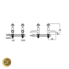 Antique Gold Deck Mounted Long Nose Crosshead Basin Pillar Tap technical drawing