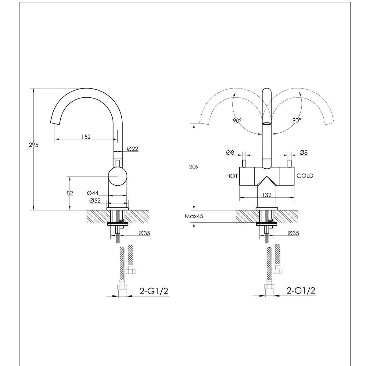 Basin Mixer Tap with Two Levers and Swivel Spout - Brushed Brass TECHNICAL DETAILS