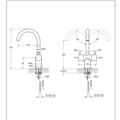 Basin Mixer Tap with Two Levers and Swivel Spout - Brushed Brass TECHNICAL DETAILS