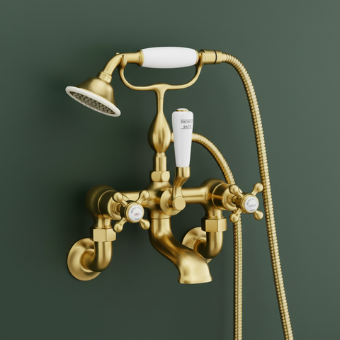 Brushed brass wall mounted bath shower tap with shower kit