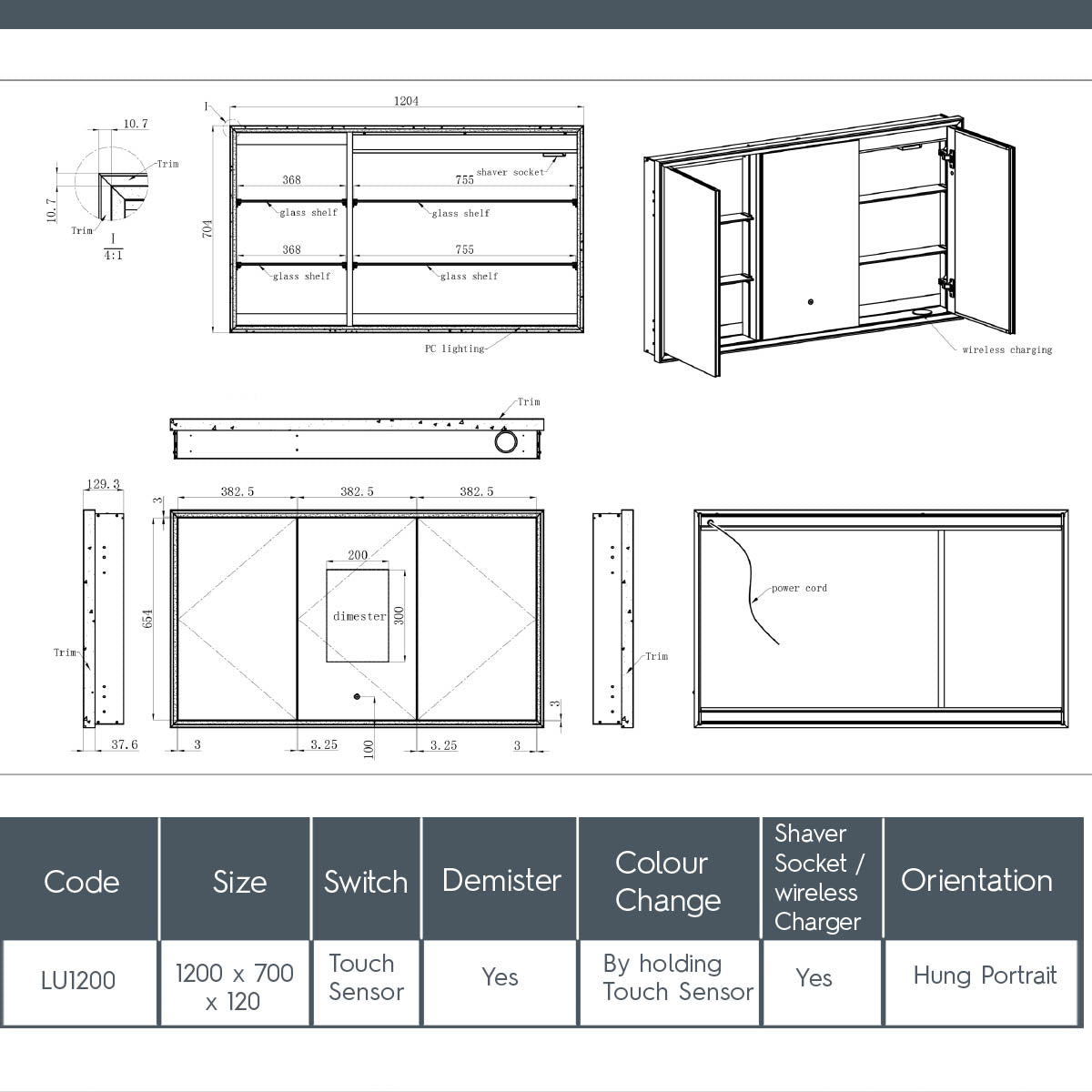 Bathroom mirror cabinet with three doors, light, wireless charger, demister and light 