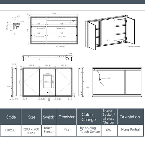 Bathroom mirror cabinet with three doors, light, wireless charger, demister and light 