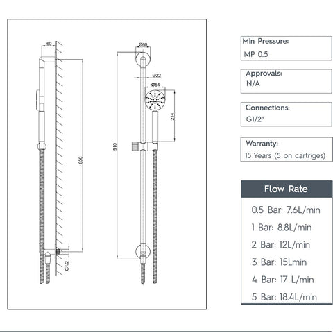  Brass Slider Rail with Round Shower Handset and Elbow