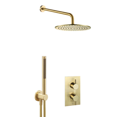  Brushed Brass 2 Outlet Thermostatic Concealed Shower Set with Shower Head & Arm and Handheld Shower 