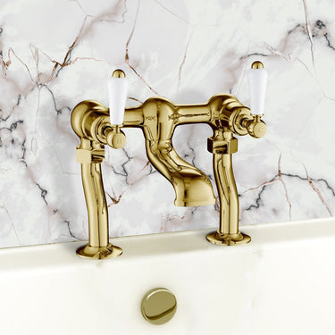 Brushed Brass Bath Filler Tap with White Lever Handles

