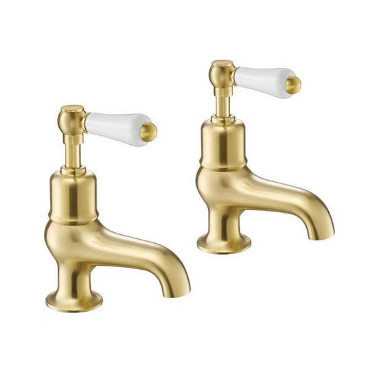 Brushed Brass Bath Pillar Taps with White Lever Handles