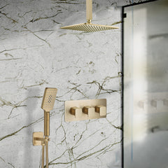 Brushed Brass Concealed Thermostatic Shower Valve with 2 Outlets