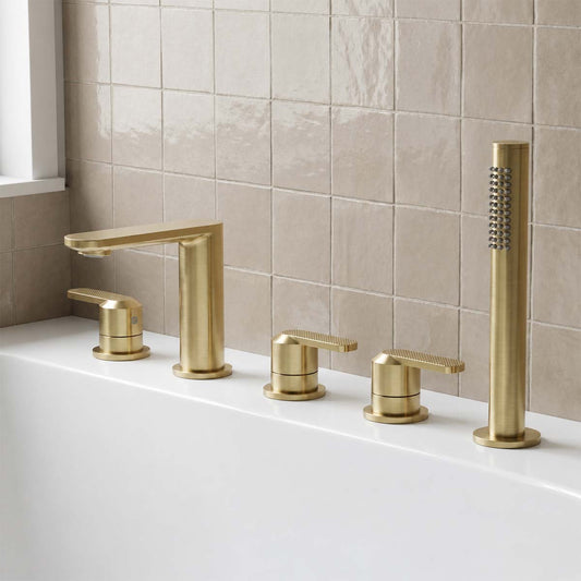 Brushed Brass Deck Mounted 5 Tap Hole Bath Shower Mixer