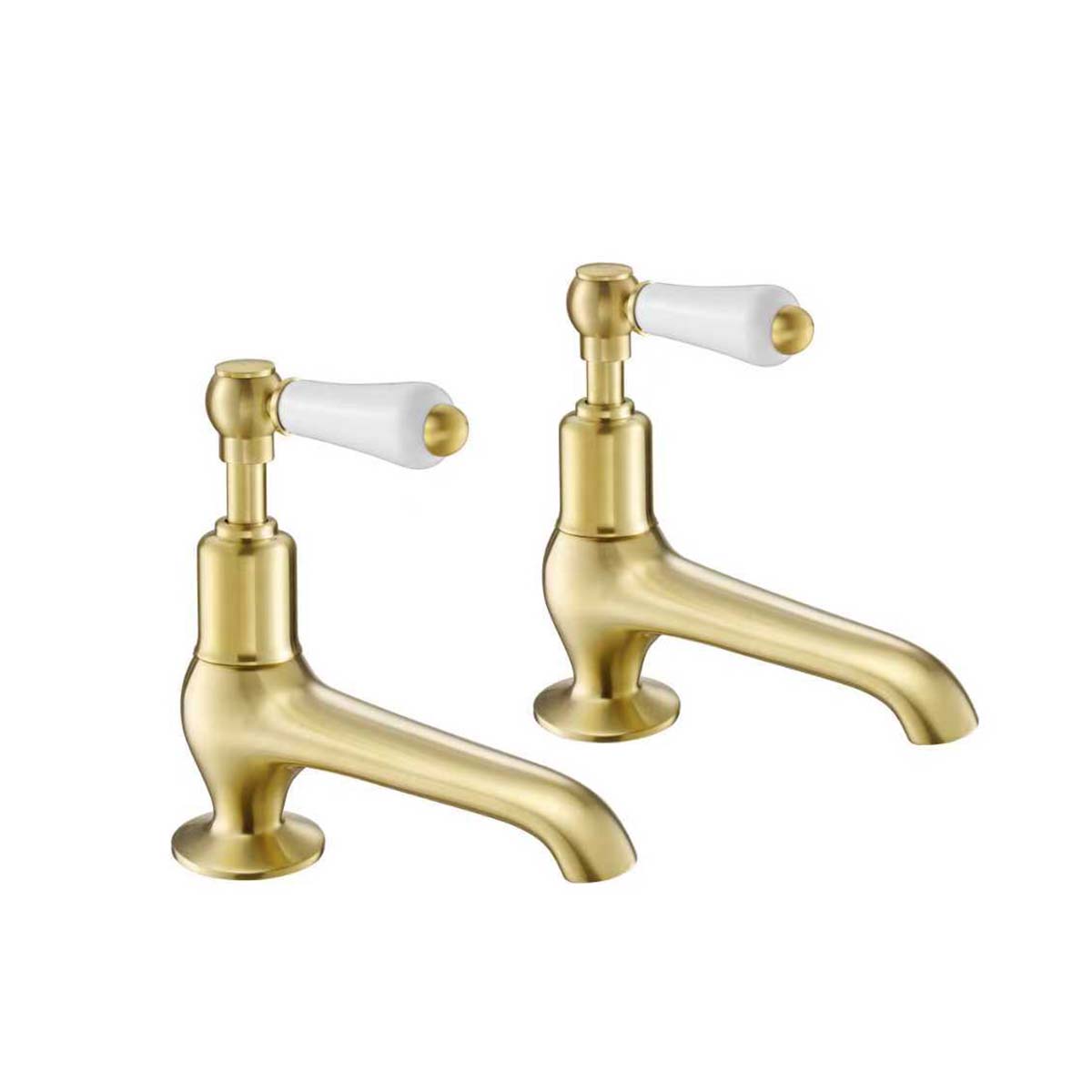 Brushed Brass Deck Mounted Long Nose Basin Pillar Taps with Lever Handles