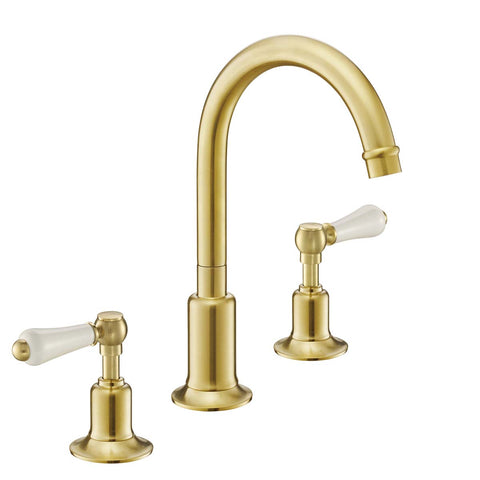Brushed Brass Deck Mounted Traditional 3 Hole Basin Tap with Waste