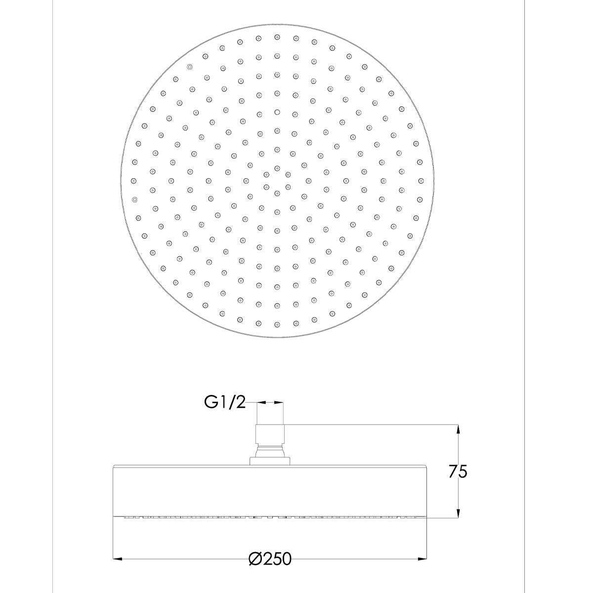 Brushed Brass Round Shower Head – 250mm technical details