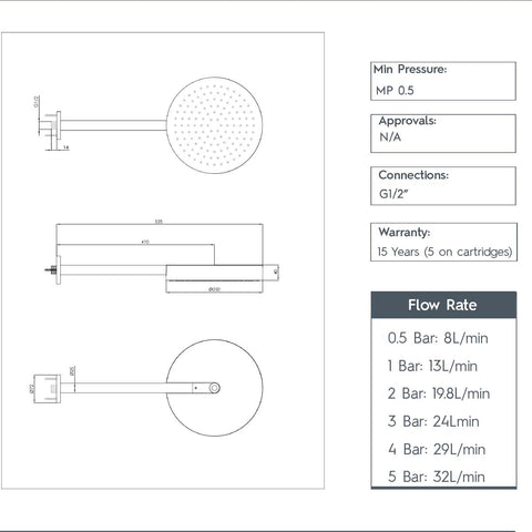 Brushed Brass Shower Rose with Shower Arm - Wall Mounted technicals details 