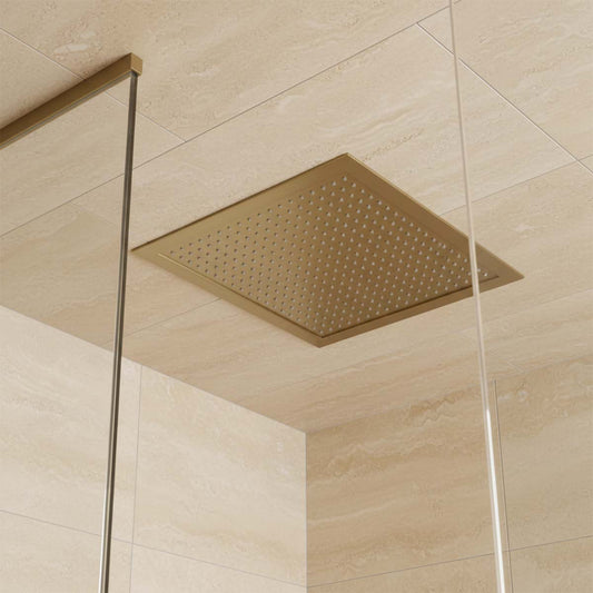 Brushed Brass Square Ceiling Mounted Shower Head - 400mm 